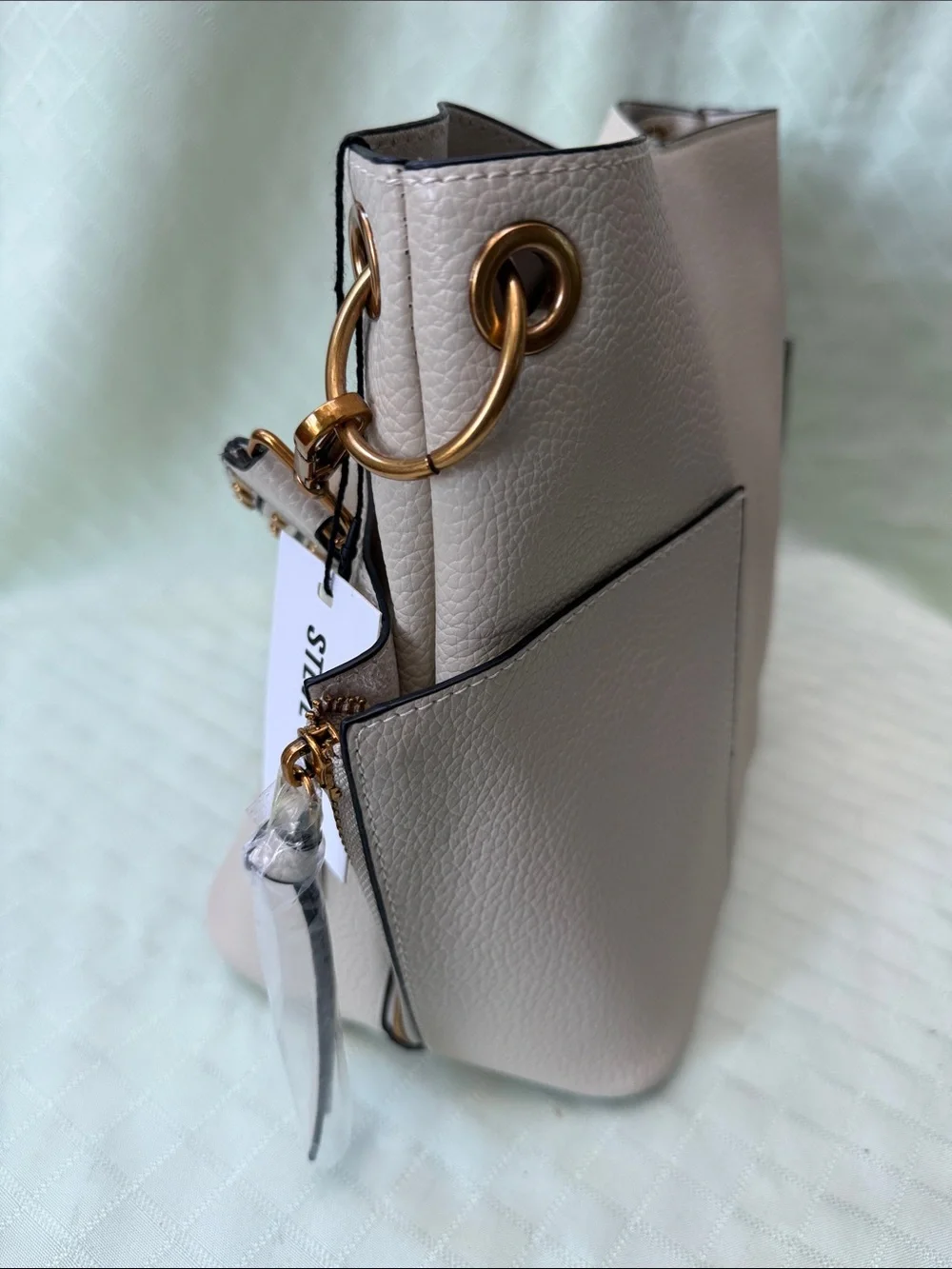 New Steve Madden Large Cream Faux Pebbled Shoulder Tote with Studded Strap